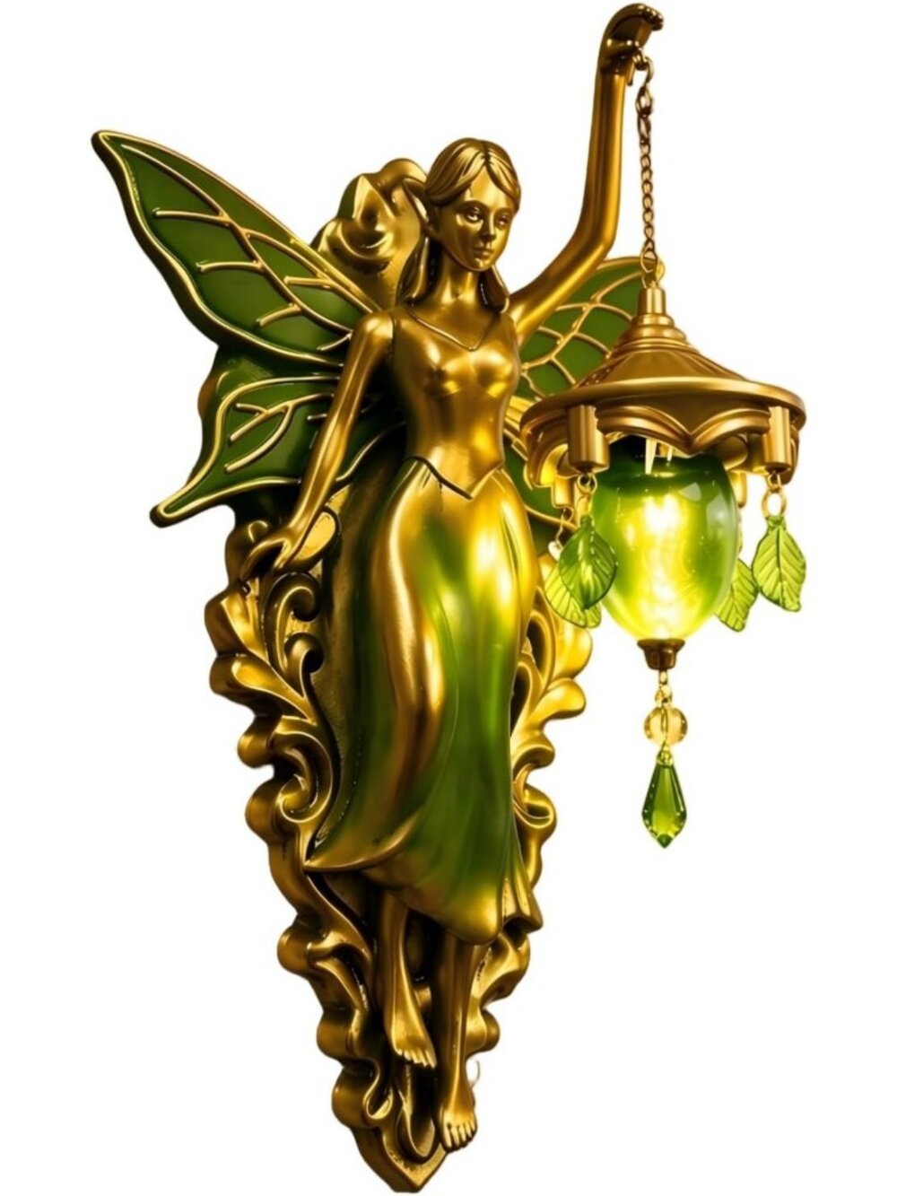 Vintage Angel Wall Sconce, Battery Operated Green Glass Lantern, Unique Home